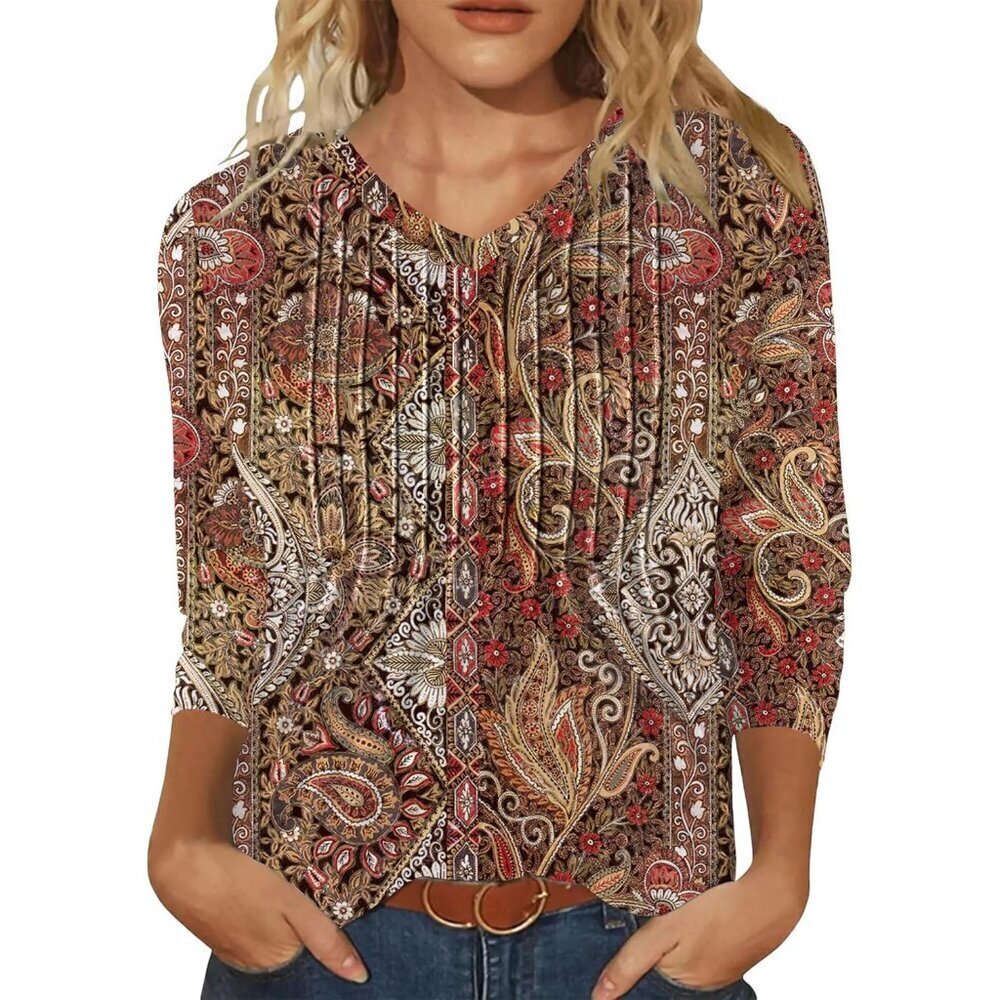 Women’s V Neck Pleated Tunic Top Casual 3/4 Sleeve Soft Breathable